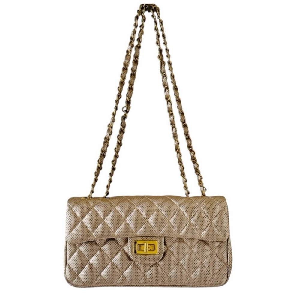 Ashneil Metallic Champagne Gold Quilted Perforated Flap Leather Shoulder Bag - Picture 7 of 11